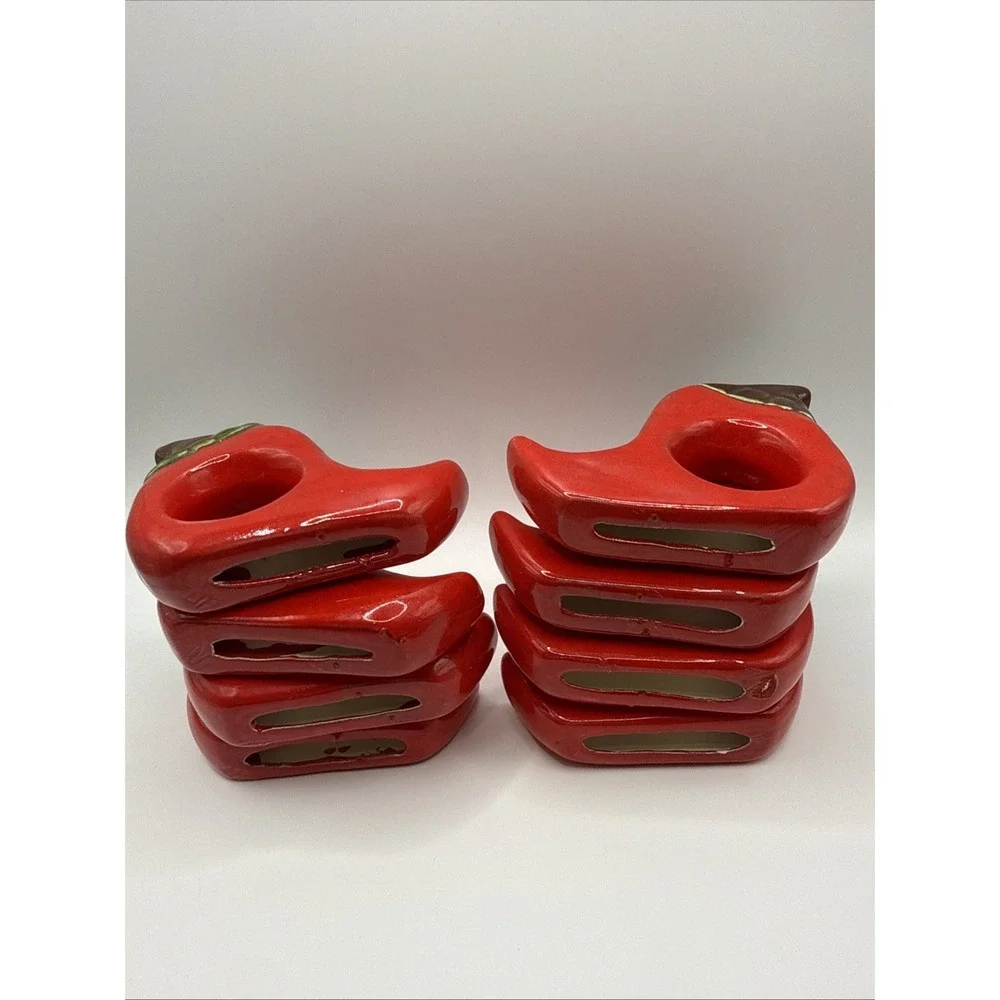 Red Chili Peppers Napkin Rings Set of 8 Ceramic Porcelain 3x3.5